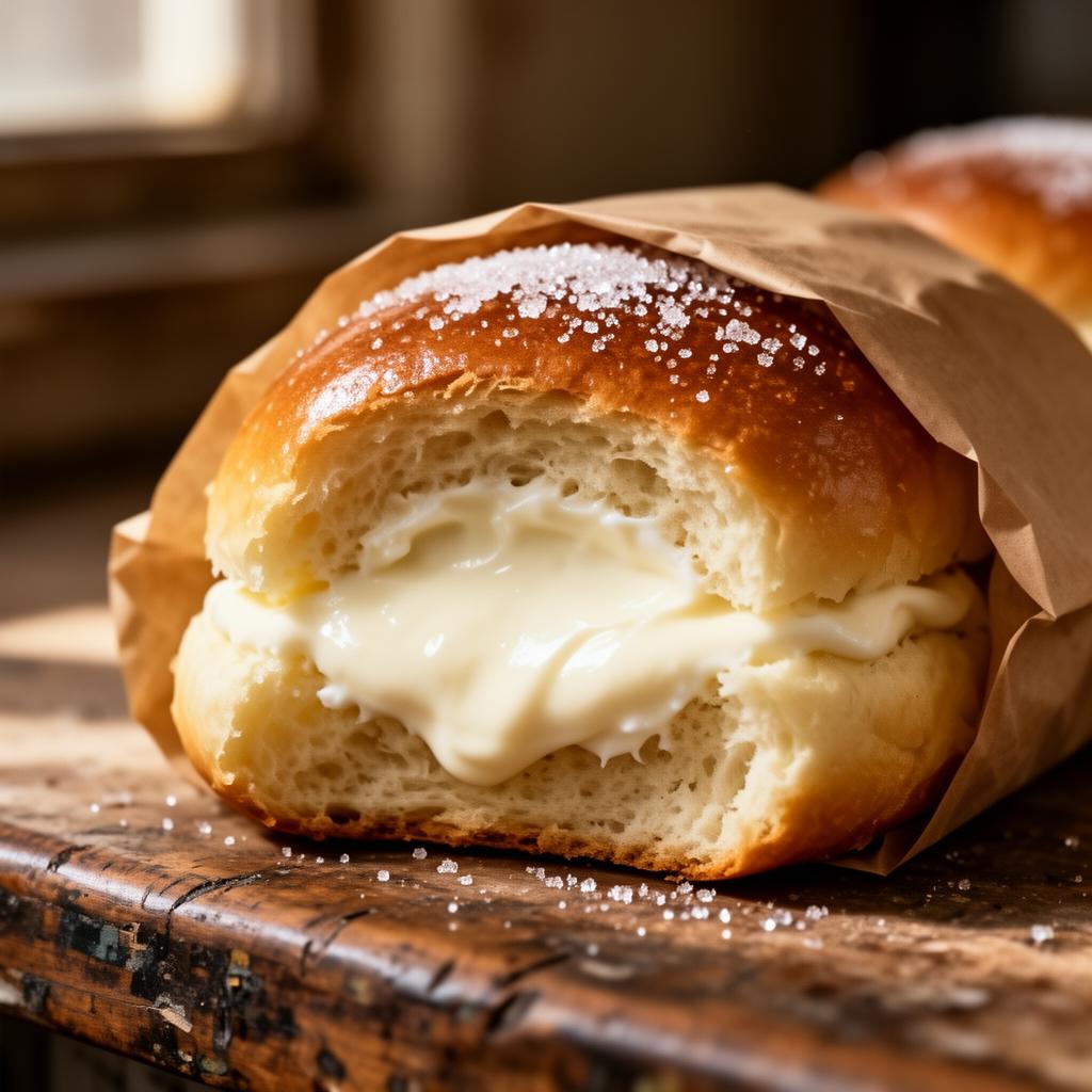 Soft golden butter bun with cream filling, wrapped in waxed brown paper on a worn bakery counter