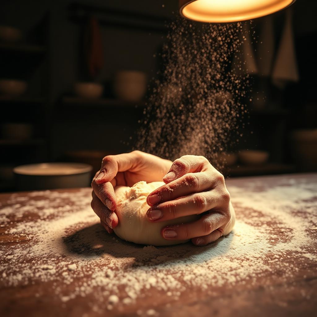 Baker shaping dough by hand under a warm overhead light