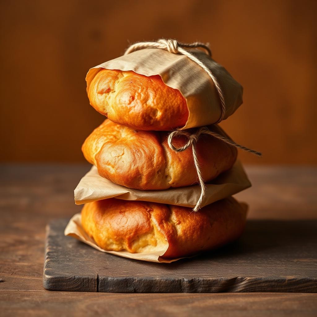 Stack of butter buns wrapped in waxed paper and twine