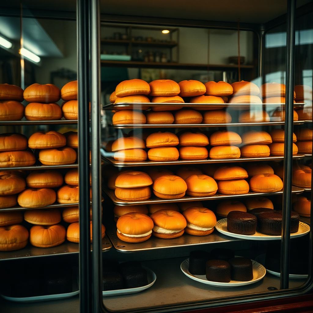 Glass display cabinet stacked with fresh buns and cakes