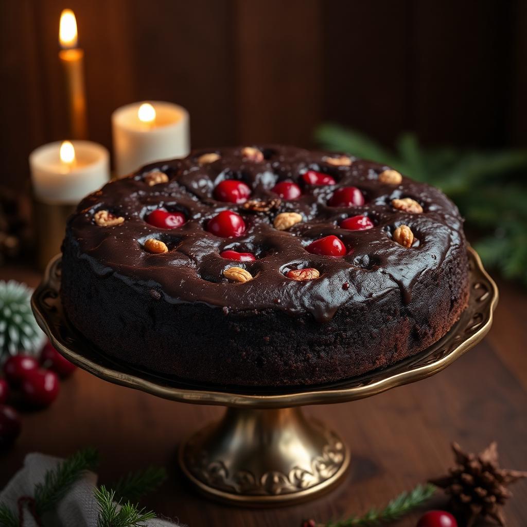 Whole plum cake on a vintage stand with candles