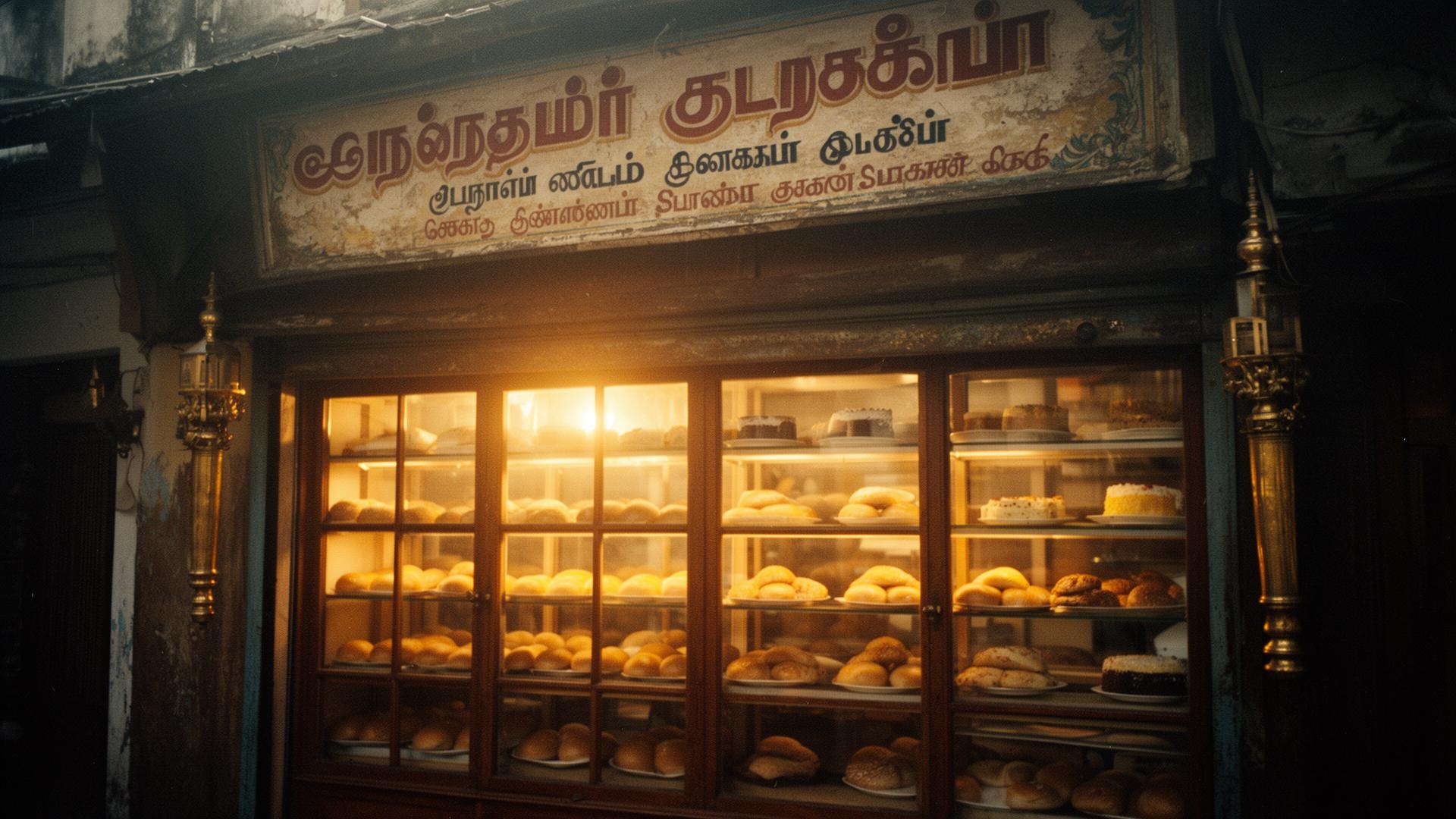 Heritage Greatest Bakery storefront in Nagercoil at dusk, glass cabinets glowing with fresh bakes