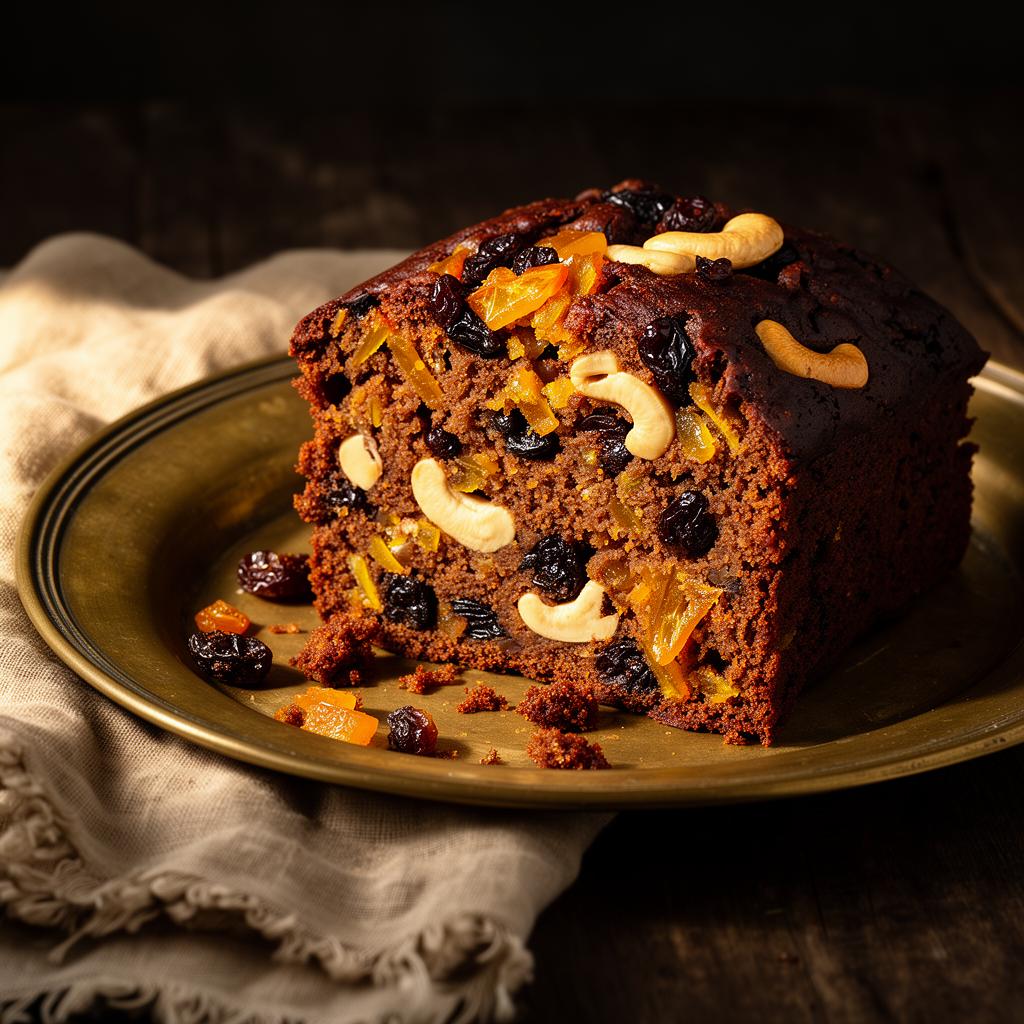 Dark rich plum cake slice on a vintage brass plate showing candied peel, raisins and cashews